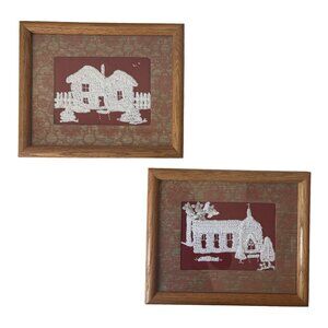 VTG Handmade Crochet Wall Art House Church Scene Framed Folk Art Grandma Core